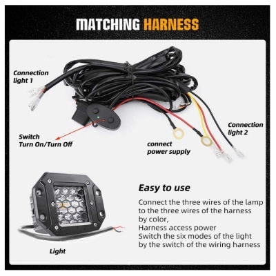 Conjunto de cabos com interruptor, conectores e luz quadrada LED preta
