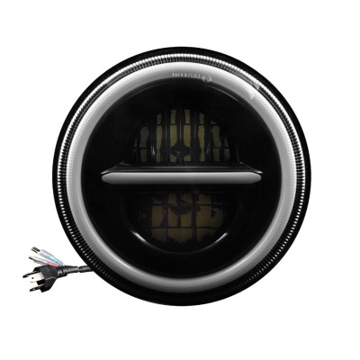 luz redonda preta para automóvel com anel LED branco e cabo elétrico