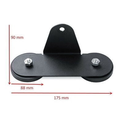 Peça preta de metal com duas roldanas, suporte perfurado e medidas em milímetros.