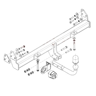 Desenho técnico de reboque para carro desmontável com peças, parafusos e bola de reboque