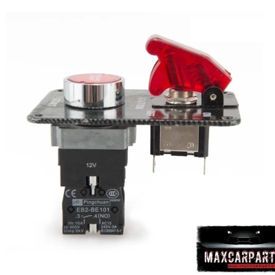 Painel com botão cromado e interruptor com capa vermelha transparente em base preta com texto e selo MAXCARPARTS