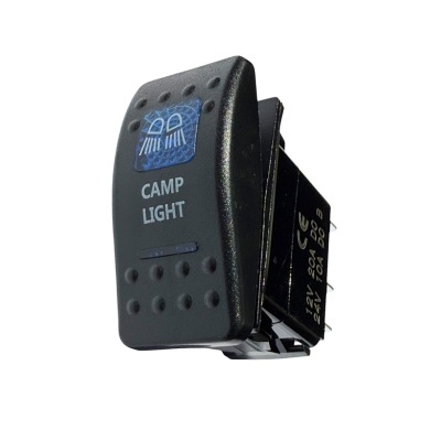 Interruptor elétrico preto com símbolo azul e texto CAMP LIGHT