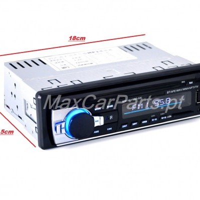 Leitor de rádio automóvel preto com botões azuis e entrada USB