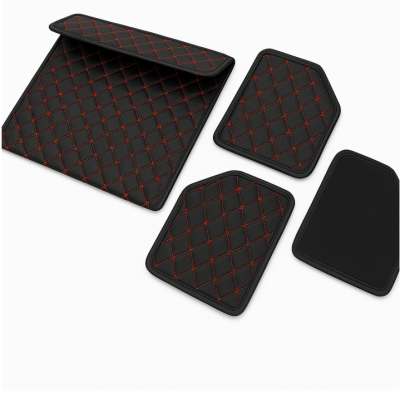 Set de acessórios de carro em couro preto com costura laranja em padrão xadrez