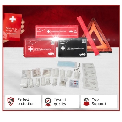 kit primeiros socorros automóvel com triângulo de sinalização e acessórios médicos