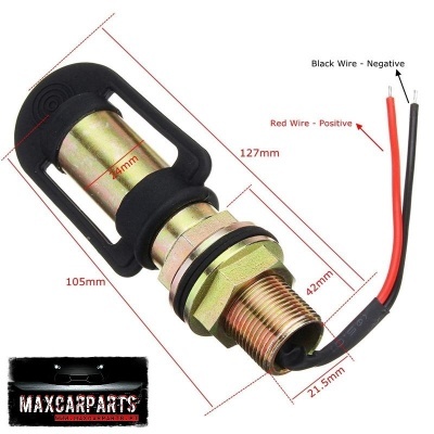 Conector elétrico metálico com fios vermelho e preto, dimensões e etiqueta Maxcarparts