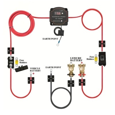 Sistema de cabos elétricos com cabos vermelhos e pretos, suportes para fusíveis e inversor de bateria solar