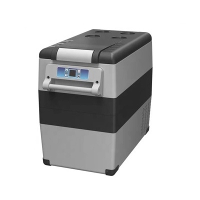 Caixa térmica portátil cinzenta e preta com visor digital e alça