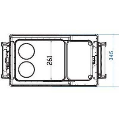 Desenho técnico de tabuleiro retangular com compartimentos e medidas