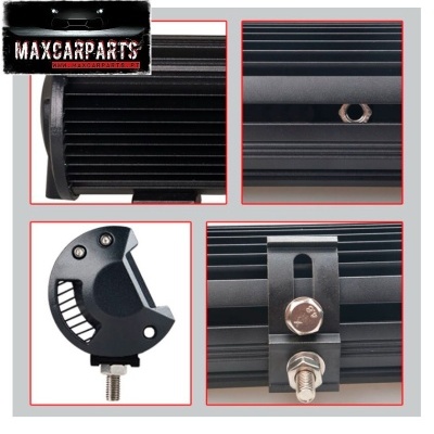 Barra de luz LED automóvel preta com dissipador de calor e suporte metálico, várias vistas detalhadas