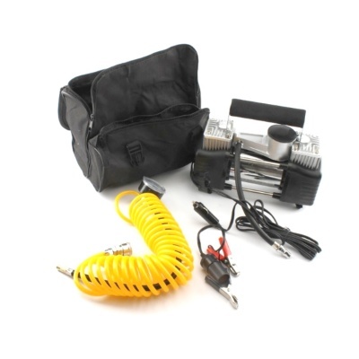 Compressor de ar portátil metálico com mangueira amarela e bolsa preta