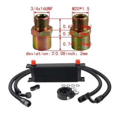Conjunto de radiador de óleo com mangueiras e adaptadores metálicos com medidas em vermelho