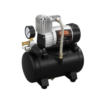 Compressor de ar portátil preto com motor metálico e manómetro