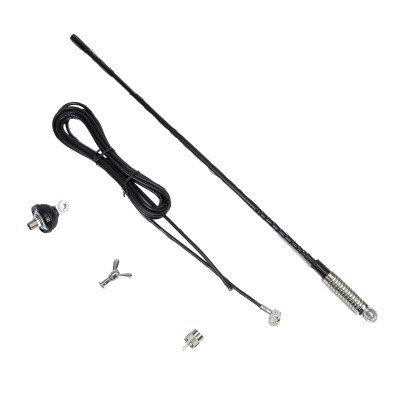 Antena preta para rádio com mola metálica e acessórios em fundo branco