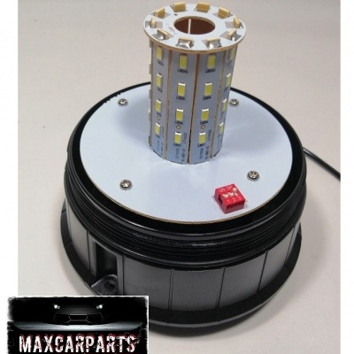 Luz LED cilíndrica com base preta e branca, interruptor vermelho e logo MAXCARPARTS