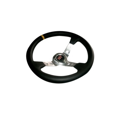 Volante de carro desportivo em pele preta e metal prateado