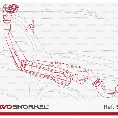 Desenho técnico de snorkel automóvel em vermelho com texto BRAVO SNORKEL Ref. SVAK