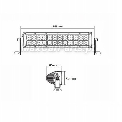 Luz LED retangular para automóvel com suportes laterais e dimensões técnicas