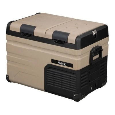 Frigorífico portátil bege e preto Alpicool com alça lateral e duas tampas superiores.