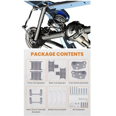 Conjunto de peças automotivas incluindo espaçadores de mola, suportes e parafusos