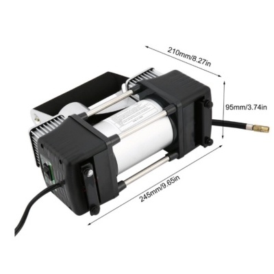 Compressor de ar portátil preto e prateado com mangueira e fios