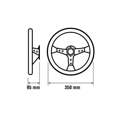 Desenho técnico de volante com medidas 350 mm diâmetro e 95 mm profundidade