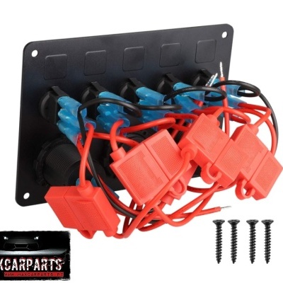 Painel de interruptores com chaves vermelhas e fios num fundo branco