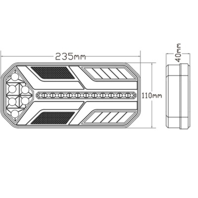 Luz retangular preta com padrões geométricos e áreas transparentes.