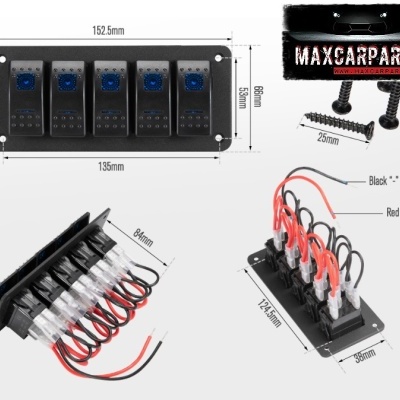 Painel de interruptores elétricos preto com seis chaves e fios vermelhos e pretos.