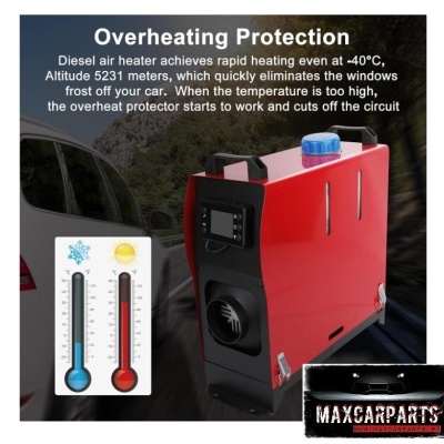 Aquecedor de ar a diesel vermelho e preto com painel frontal e válvula azul