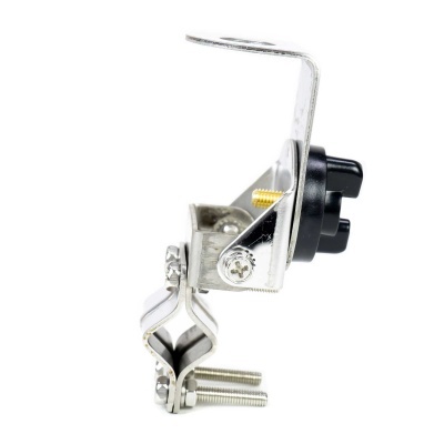 Suporte metálico prateado com parafusos e botão preto