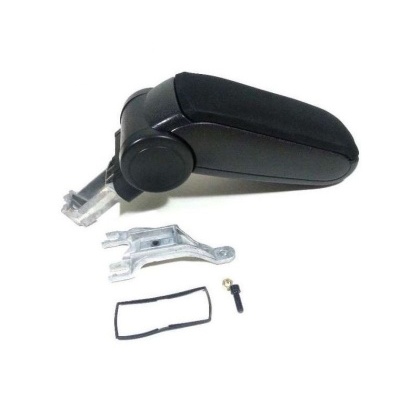 Braço de apoio de carro preto com base metálica e acessórios em fundo branco.