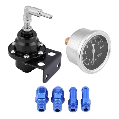 Conjunto de componentes automóveis com regulador, manómetro e adaptadores azuis
