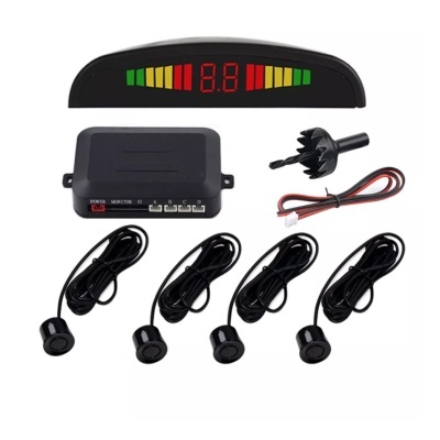 Kit sensores de estacionamento com 4 detectores, unidade central, visor digital, cabos e broca em fundo branco