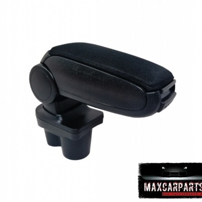 Apoio de braço preto para automóvel com textura de couro e base de plástico.