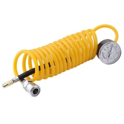 Manguera espiralada amarela com manómetro e conectores metálicos
