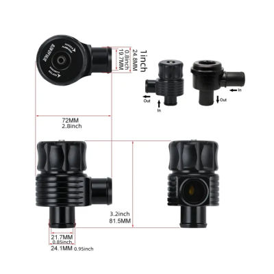 Válvula de metal preta com indicações In e Out e dimensões em mm e polegadas