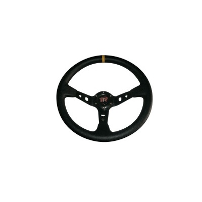 volante preto em couro com detalhes em metal