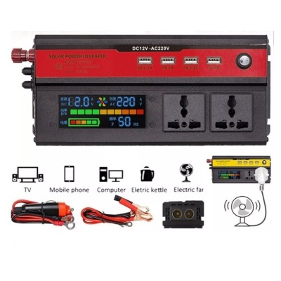 Inversor solar de energia preto e vermelho com visor digital, tomadas universais, USB, cabos e adaptadores