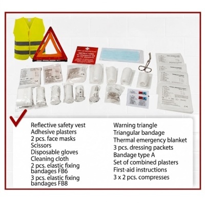 Kit de primeiros socorros com colete refletor, triângulo de aviso, máscaras, bandagens e instruções.
