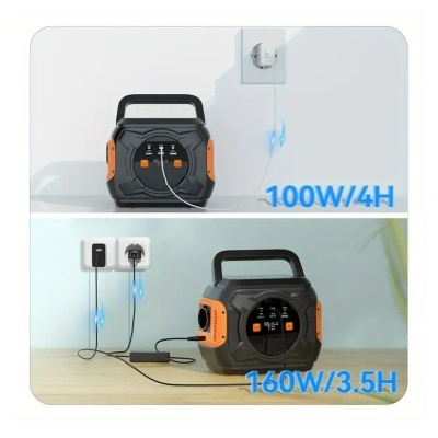Estação de energia portátil preta e laranja a carregar dispositivos com indicações de potência e tempo