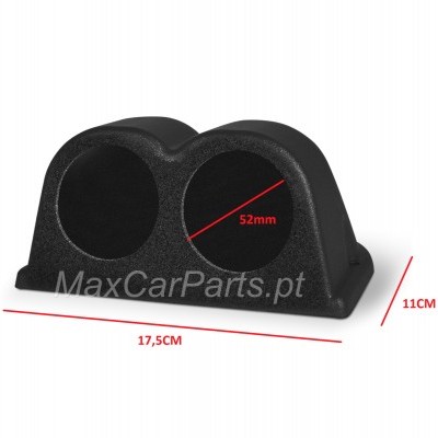 Suporte duplo para medidores de carro preto com dimensões e texto MaxCarParts.pt