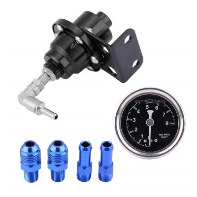 Conjunto regulador de pressão de combustível, manómetro e adaptadores metálicos azuis