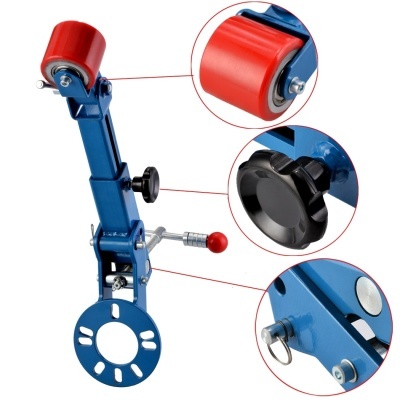 Ferramenta azul com roda vermelha e manípulos ajustáveis