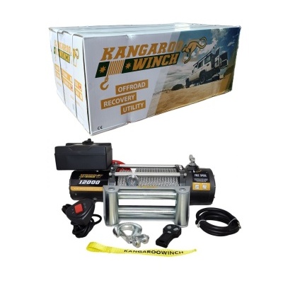 Guincho elétrico Kangaroo Winch com caixa de embalagem ao fundo