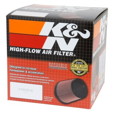 Embalagem de filtro de ar K&N High-Flow com imagem do filtro e texto multilingue