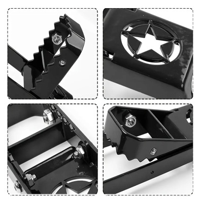 Close-ups de um produto metálico preto com dentes serrilhados e estrela recortada