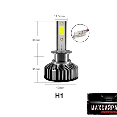 Lâmpada LED para farol H1 preta com dimensões indicadas e logótipo MAXCARPARTS