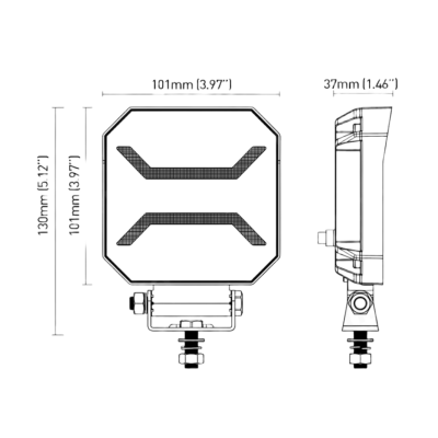 Dispositivo quadrado com duas faixas diagonais e suporte com parafusos, vista frontal e lateral, com dimensões indicadas