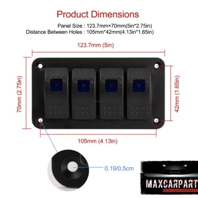 Placa preta com quatro interruptores azuis e medidas detalhadas, logótipo MAXCARPARTS
